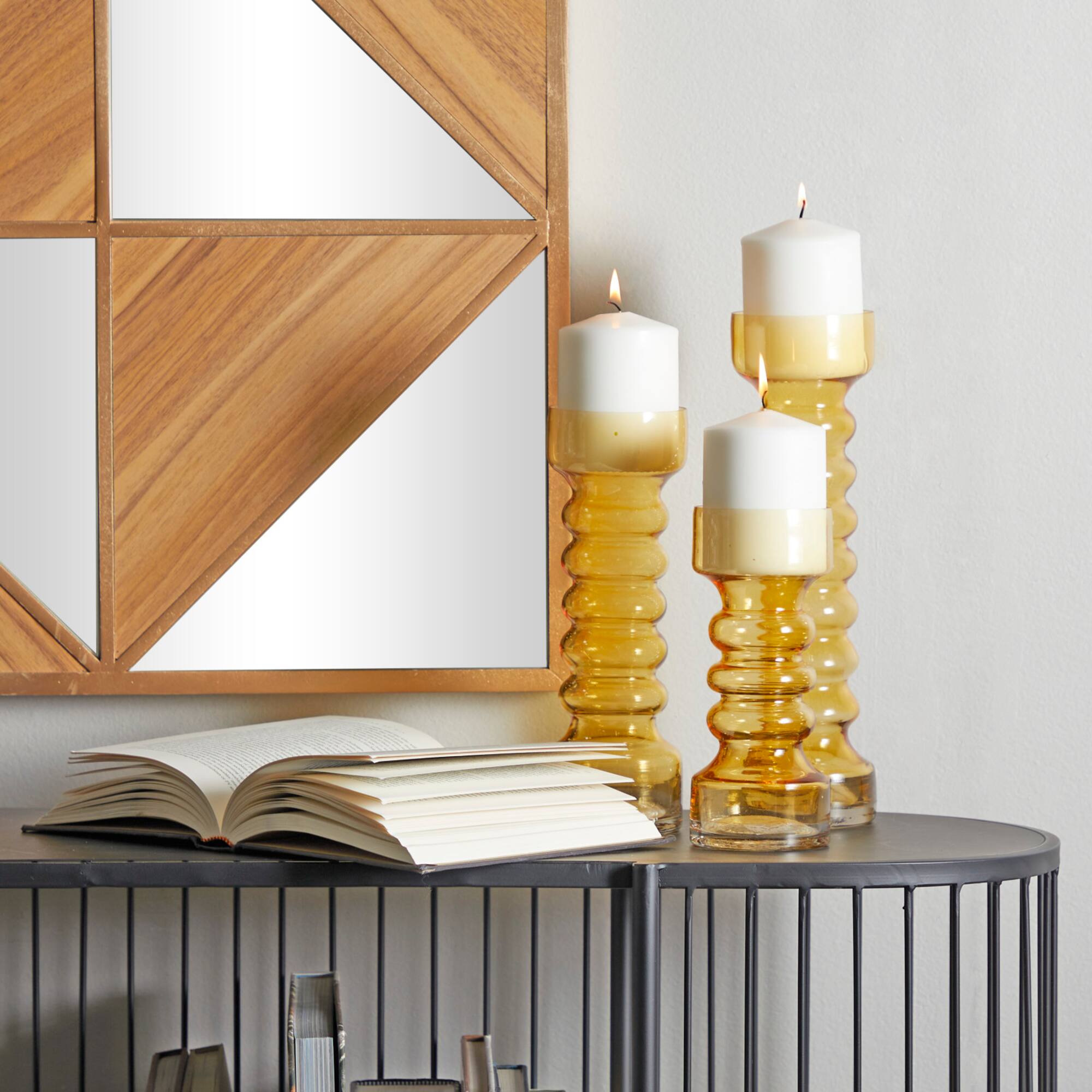 Yellow Glass Bubble Pillar Candle Holder Set